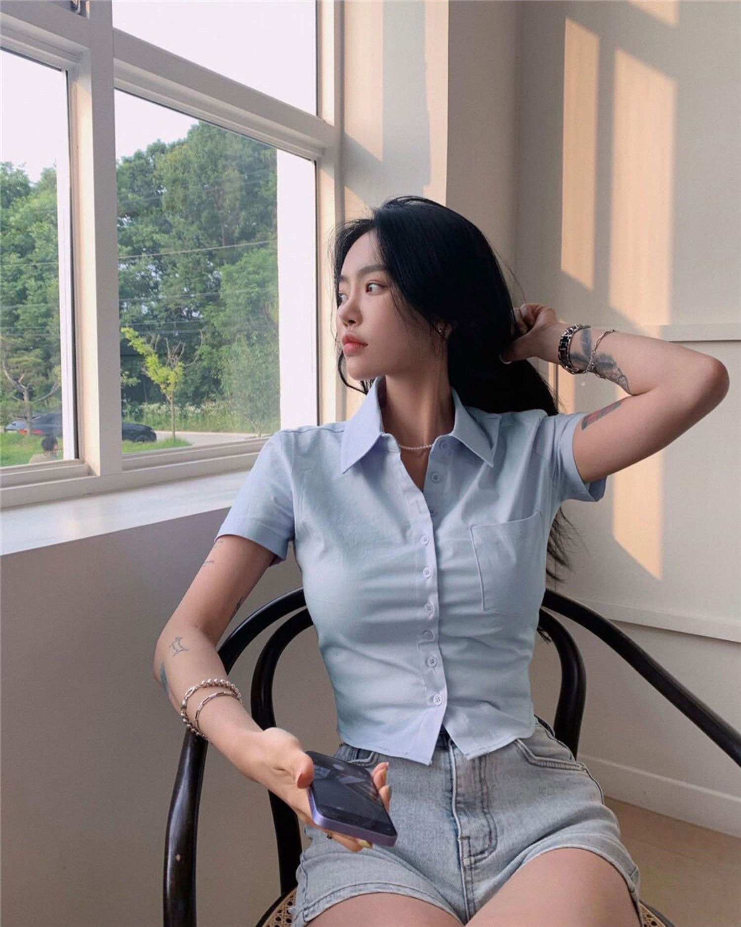 S-2XL Women's college style white shirt PoLo neck short sleeved top Womenswear Blouse