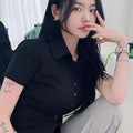 S-2XL Women's college style white shirt PoLo neck short sleeved top Womenswear Blouse